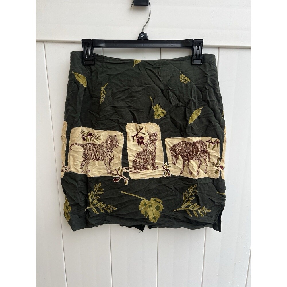 Vintage Intriguing Threads Skirt Petite 8P African Safari Print Green Lined
